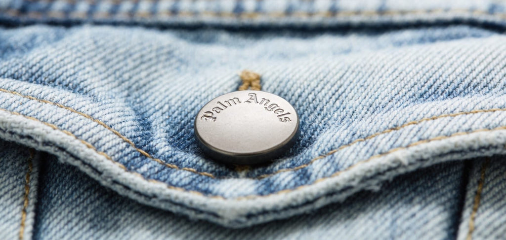 Palm Angels Gothic Font Curved Logo Denim Jacket - ‘Light Blue Wash’