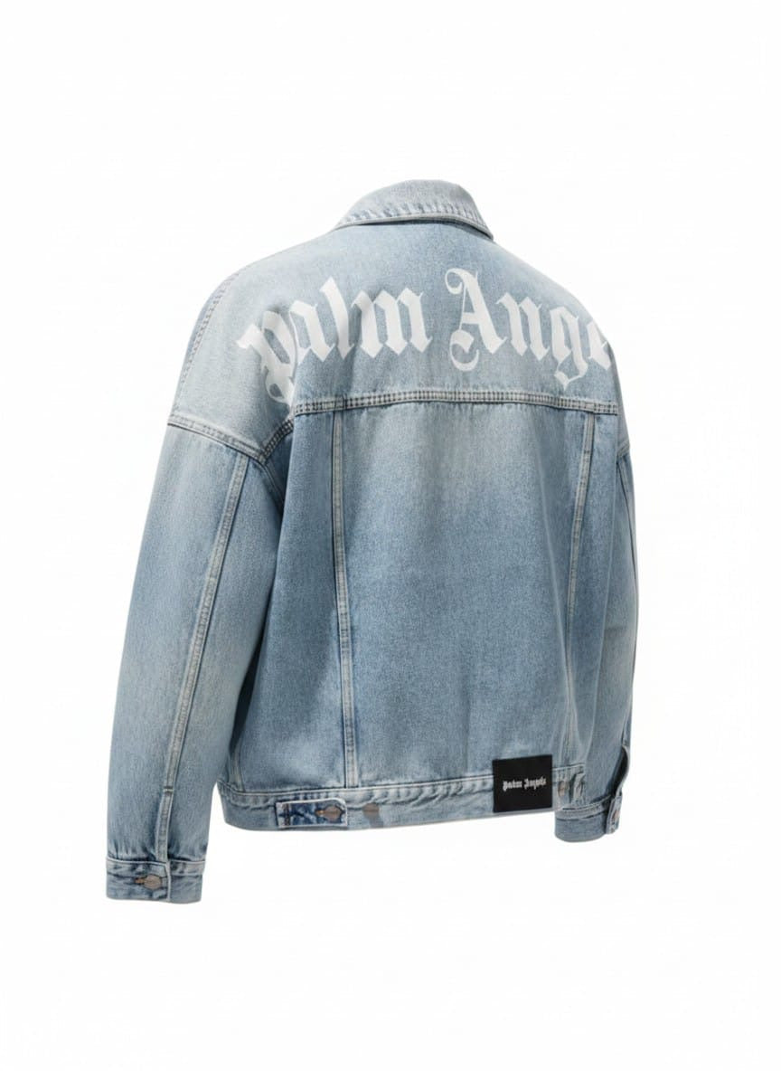 Palm Angels Gothic Font Curved Logo Denim Jacket - ‘Light Blue Wash’