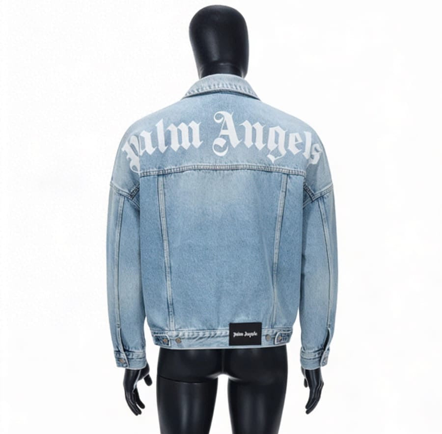 Palm Angels Gothic Font Curved Logo Denim Jacket - ‘Light Blue Wash’