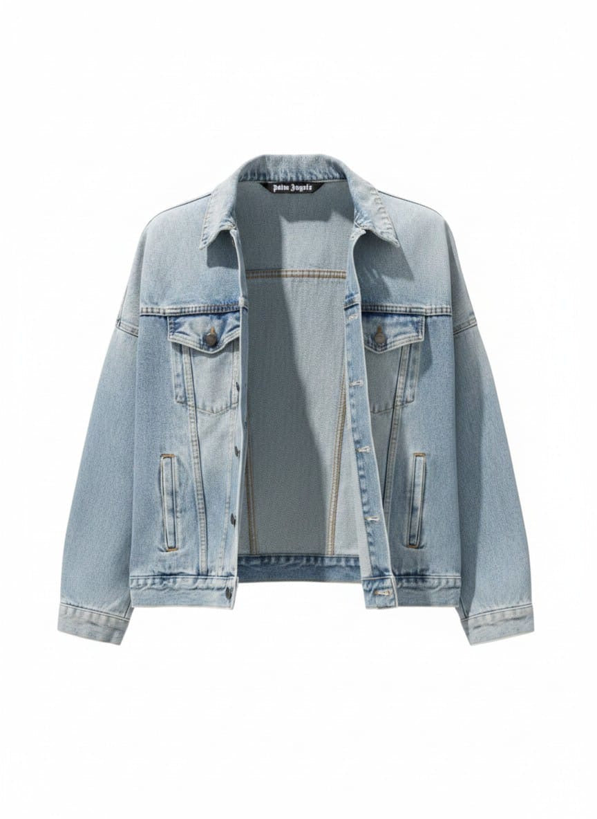 Palm Angels Gothic Font Curved Logo Denim Jacket - ‘Light Blue Wash’