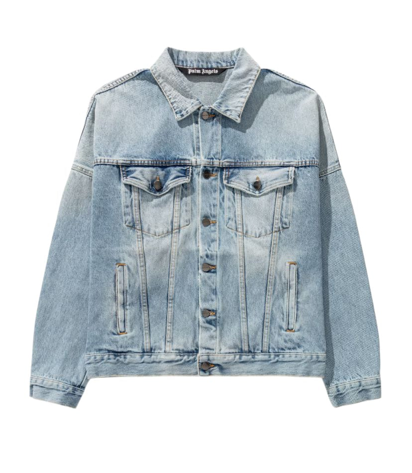 Palm Angels Gothic Font Curved Logo Denim Jacket - ‘Light Blue Wash’